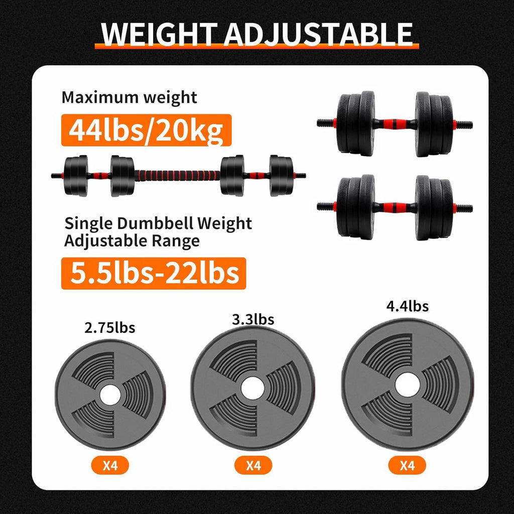 5-44lbs Adjustable Dumbbell to Barbell Set, Anti-Slip Grip, Versatile
