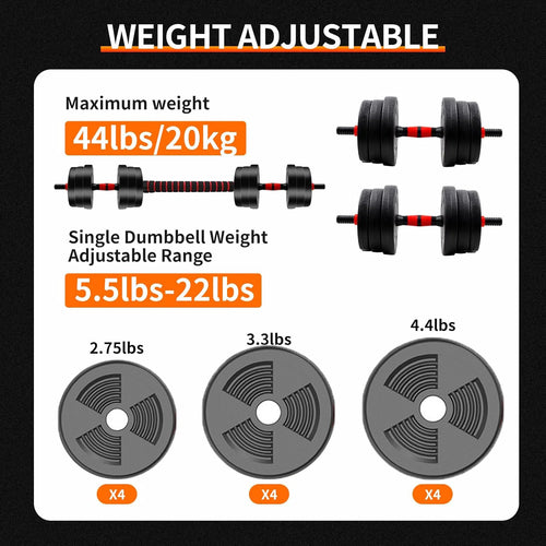 5-44lbs Adjustable Dumbbell to Barbell Set, Anti-Slip Grip, Versatile