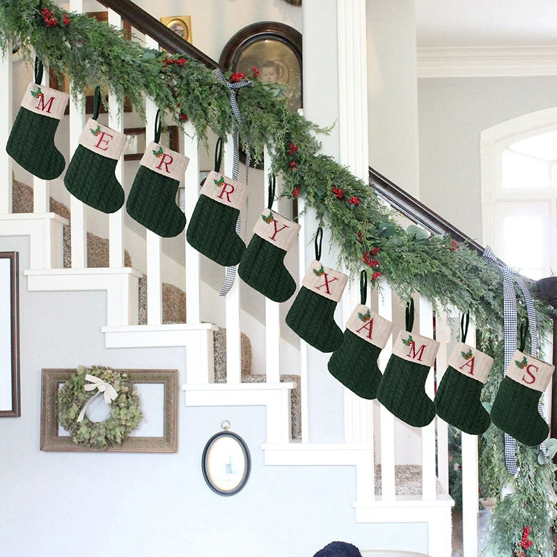 Christmas stocking festival decorations, green 26-letter Christmas tree pendant gift bag socks hotel party supplies hanger