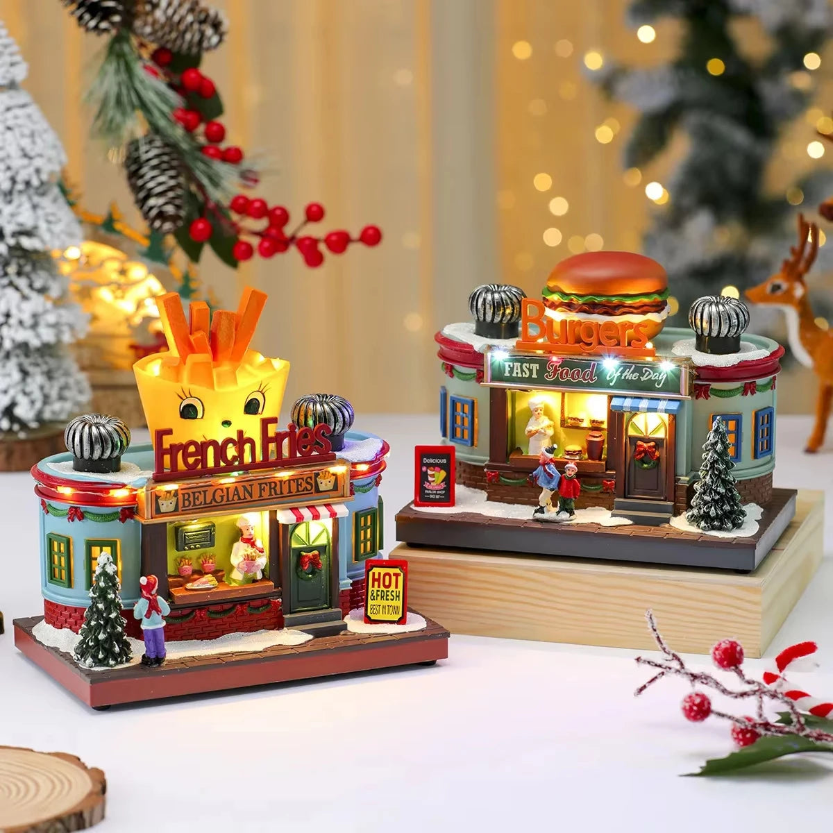 Christmas Lighted Music Box Resin Santa Ornament Gift Box Xmas Decorative Gift for Home Kitchen Cafe Window Holiday Party