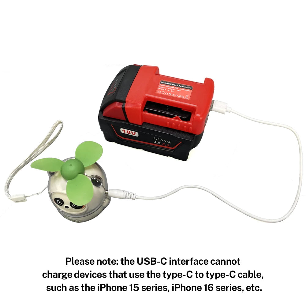 USB Charger Adapter for Milwaukee 18V Lithitum Battery Portable Type-C