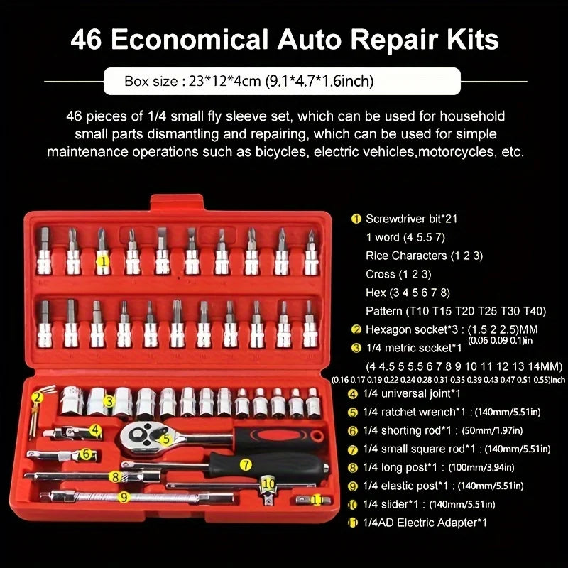 46pcs Car/Bicycle Repair Tool Kit - Ratchet Torque Wrench, Spanner,