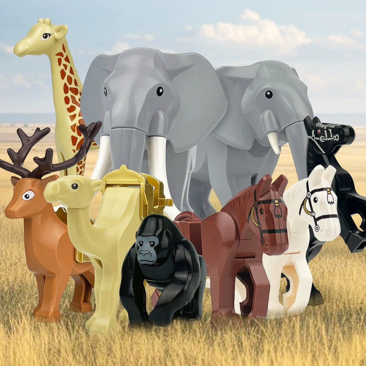 NEW Animals World Scene Elephant Male Elephant Camel Elk Gorilla Giraffe Horse Parts Building Blocks Model Sets Bricks Kids Kits