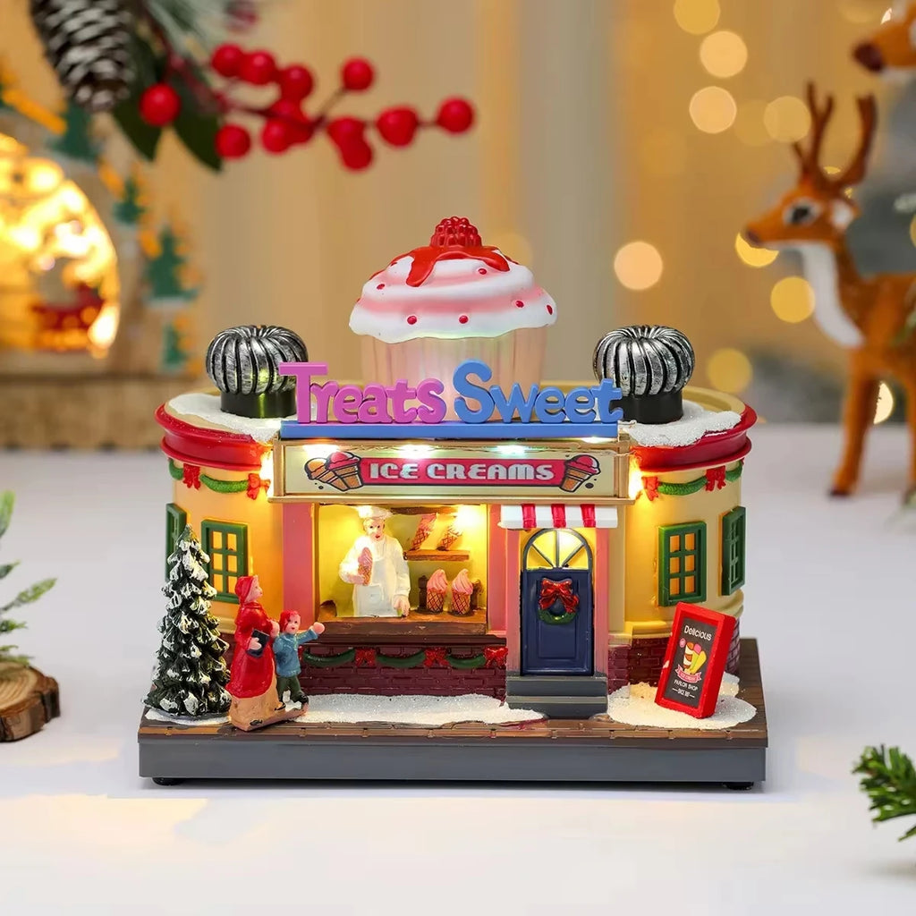Christmas Lighted Music Box Resin Santa Ornament Gift Box Xmas Decorative Gift for Home Kitchen Cafe Window Holiday Party