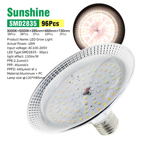 E27 18W Full Spectrum LED Grow Light Sunlike Phytolamp Bulb for Plants