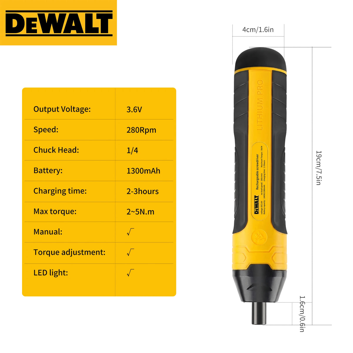DEWALT HT422 3.6V Cordless Electric Screwdriver 5N.m 1/4" Hex Chuck