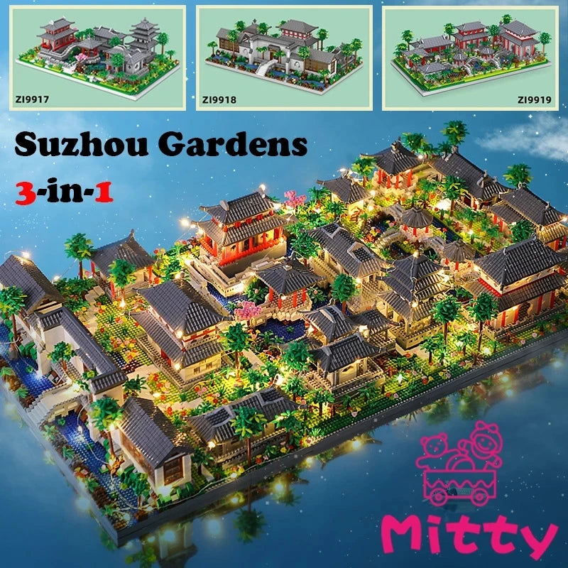 Lezi Architecture Ancient Pavilion Temple Tower Lake Garden Gate LED Light Model Mini Diamond Blocks Bricks Building Toy No Box