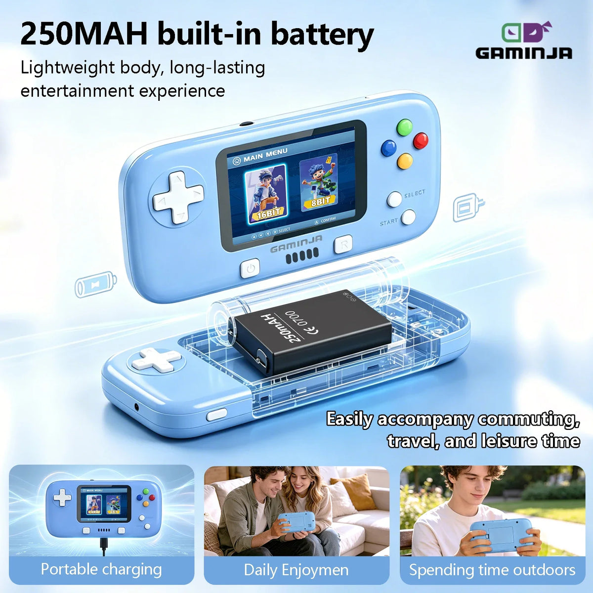 GAMINJA GC76P Game Console Mini Video Game Console 8+16 Bit 300 Built-in Games 2.8 Inch Portable Retro Console