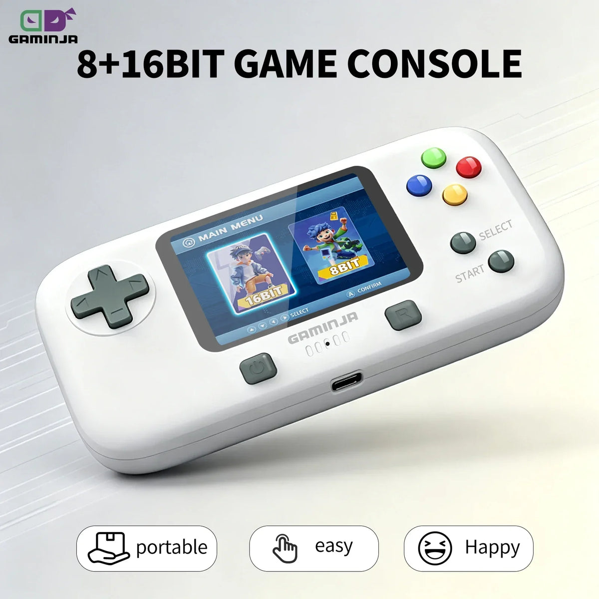 GAMINJA GC76P Game Console Mini Video Game Console 8+16 Bit 300 Built-in Games 2.8 Inch Portable Retro Console