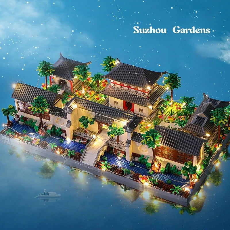Lezi Architecture Ancient Pavilion Temple Tower Lake Garden Gate LED Light Model Mini Diamond Blocks Bricks Building Toy No Box
