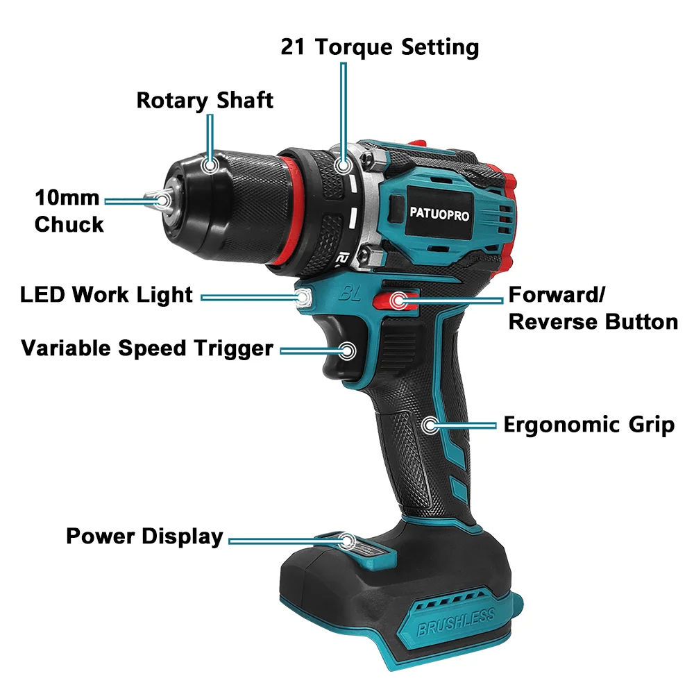 10mm Brushless 2-Speed Electric Drill Cordless Drill Screwdriver Metal