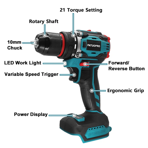 10mm Brushless 2-Speed Electric Drill Cordless Drill Screwdriver Metal