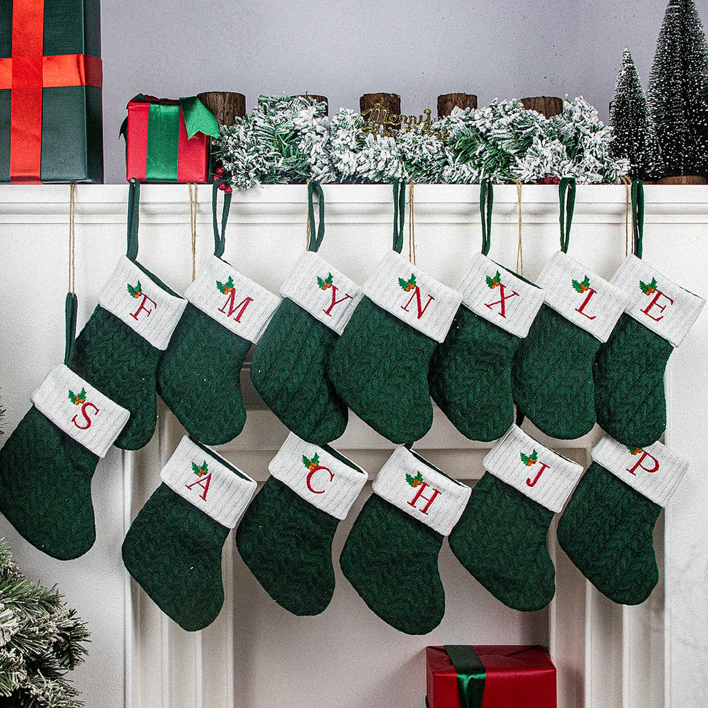Christmas stocking festival decorations, green 26-letter Christmas tree pendant gift bag socks hotel party supplies hanger