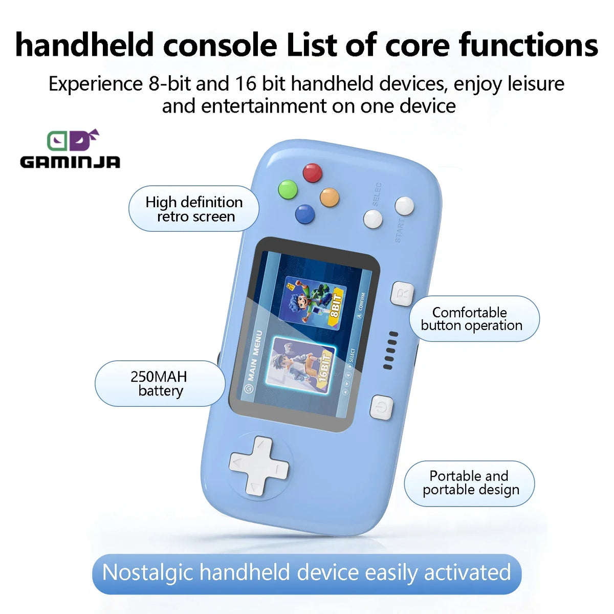 GAMINJA GC76P Game Console Mini Video Game Console 8+16 Bit 300 Built-in Games 2.8 Inch Portable Retro Console
