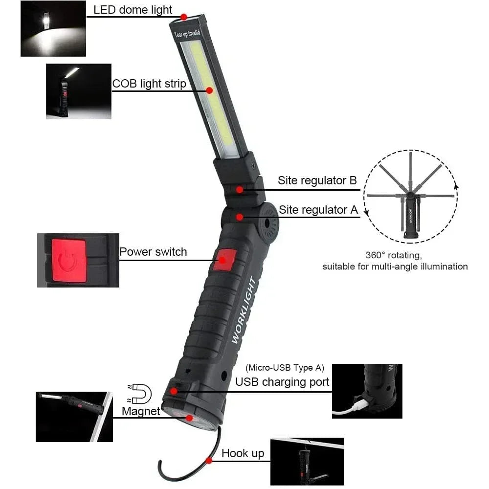Portable COB LED Work Light USB Rechargeable LED Flashlight Inspection