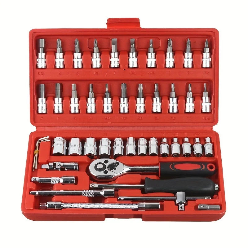 46pcs Car/Bicycle Repair Tool Kit - Ratchet Torque Wrench, Spanner,