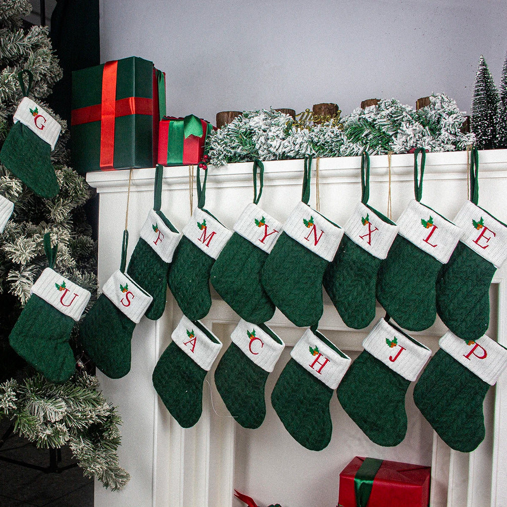 Christmas stocking festival decorations, green 26-letter Christmas tree pendant gift bag socks hotel party supplies hanger