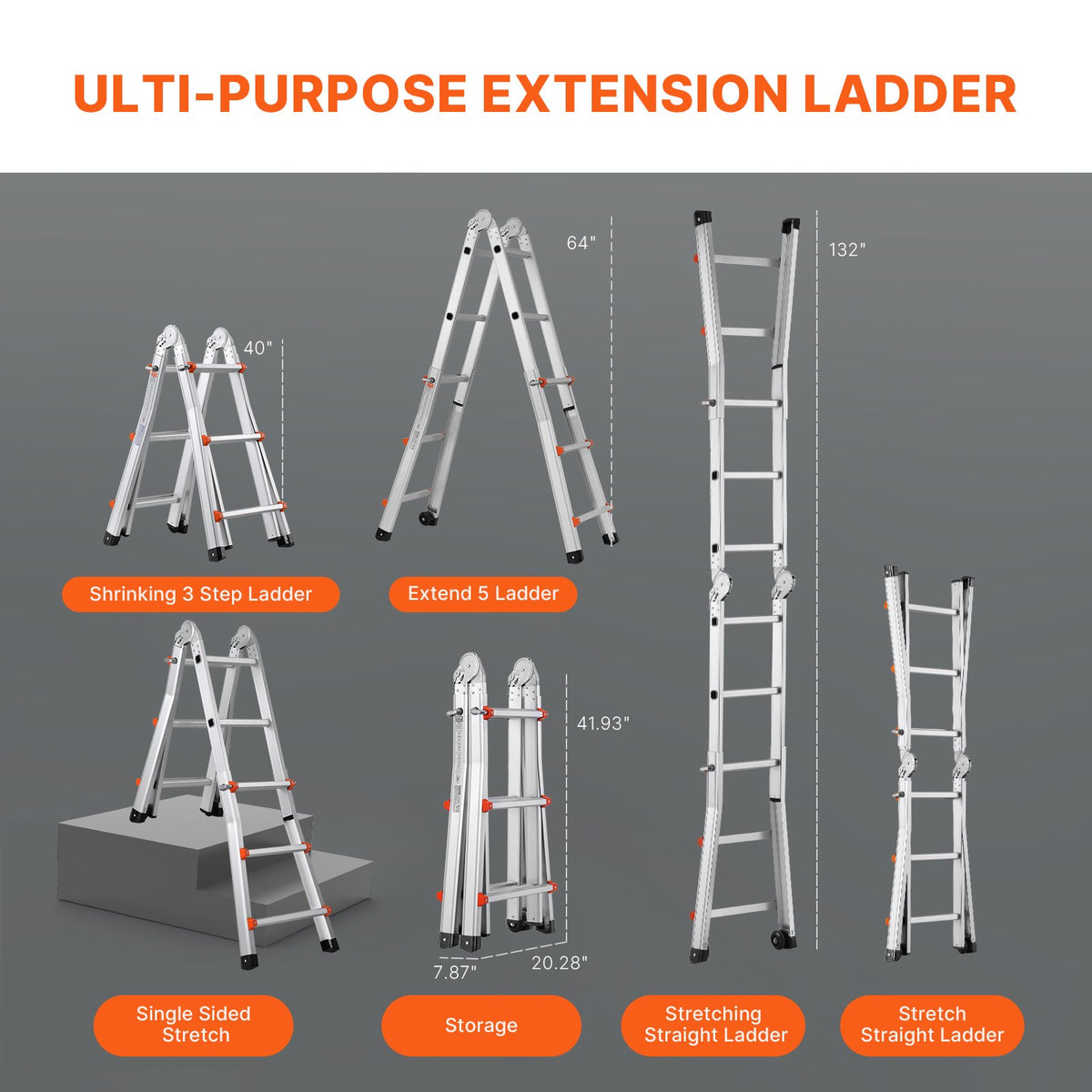 Telescoping Ladder A Frame, 11 FT Compact Aluminum Extension Ladder,
