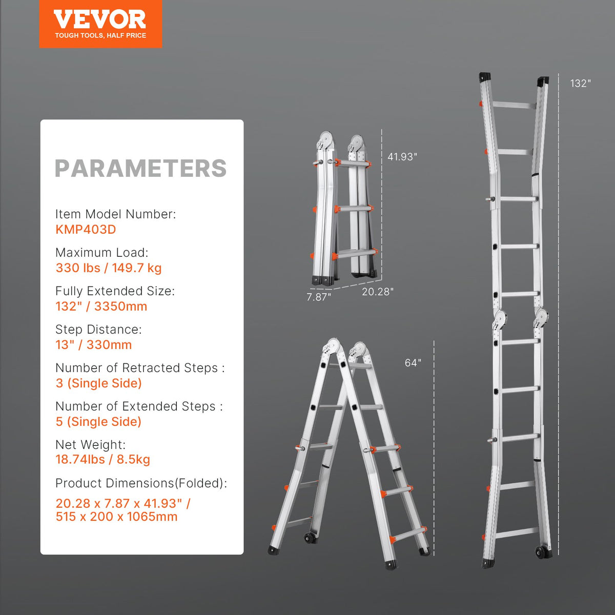 Telescoping Ladder A Frame, 11 FT Compact Aluminum Extension Ladder,